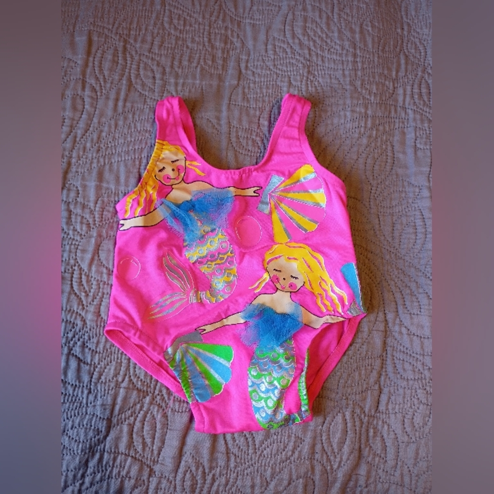 vintage 90s Adorable pink baby girl swimsuit featuring colorful mermaid design